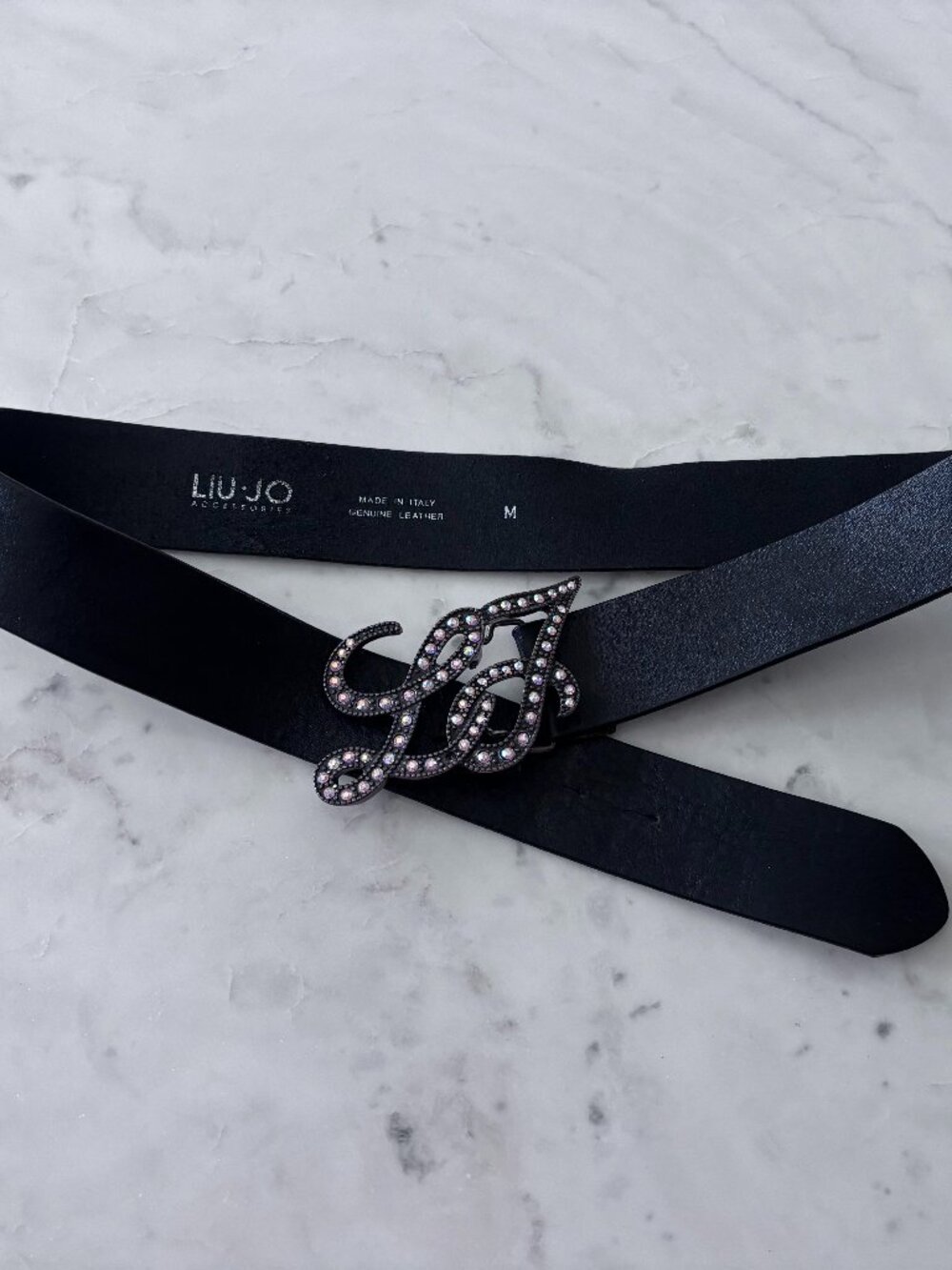 Liu Jo Black Leather Belt with Crystal 'LJ' Logo Buckle - Size M